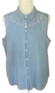 CAMICIA DONNA DENIM SENZA MANICHE CHICO'S SCOLLO STRASS NUOVA CON ETICHETTE TAGLIA 2 (LG) - Foto 1 di 4