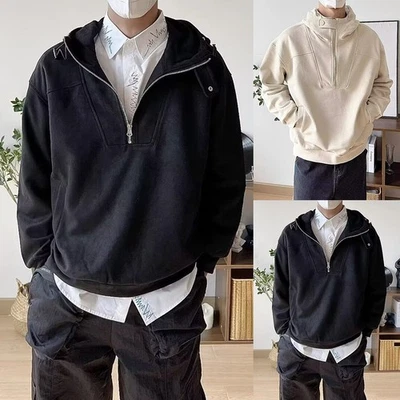 Retro Style Men Hooded Sweatshirt Faux Suede Long Sleeve Loose Fit Casual Top - Image 1 of 4
