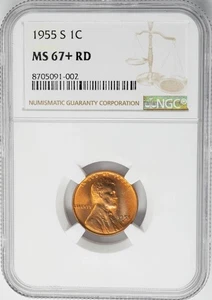 Centavo Lincoln 1955-S 1c MS67+ RD color NGC 950253-1 - Imagen 1 de 3