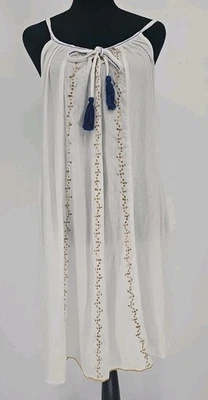 Traje de baño Letarte hecho a mano encubrimiento M blanco azul borlas lentejuelas doradas playa  Foto 1 de 4