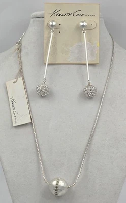 KENNETH COLE "Urban Pave" Silver Balls w/Crystals Earring & Necklace Set NWT $85 - Image 1 of 4