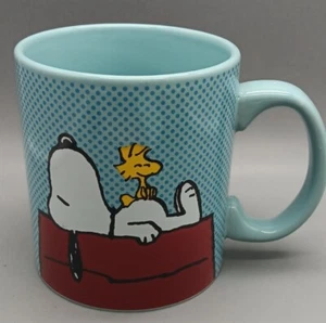Large Coffee Mug Snoopy And Woodstock On Dog House Light Blue With Dots - Picture 1 of 6