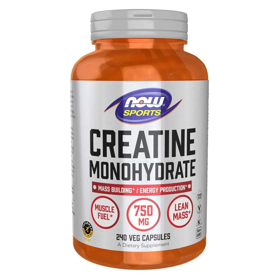 Monohidrato de creatina NOW 750 mg 240 cápsulas vegetales, construcción masiva, producción de energía Foto 1 de 4