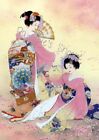 Stoff Block 2 japanische Frauen Kimono Blumenmuster königliche Fans rosa asiatisch