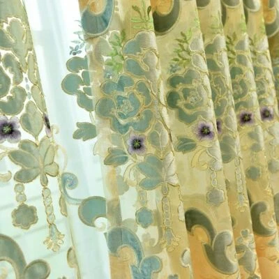 Chenille Blackout Curtain for Living Room Embroidery Drape Sheer Tulle Panel Sew - Image 1 of 4