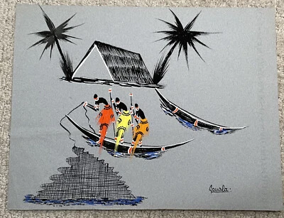 Tinta de pintura polinesia nativa tribal de colección años 60 acuarela gouala pesca hawaiana Foto 1 de 3