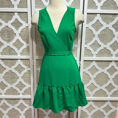 Amanda Uprichard Wrap Dress Womens S Kelly Green Ruffle Hem Preppy Lightweight - Image 1 of 4