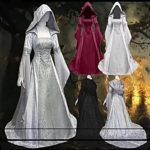 Middle Ages Vintage Hooded Wedding Dress Halloween Cosplay Costume Women Outfit - Picture 1 of 21