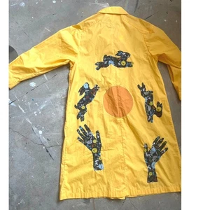 Vintage Trench Coat, Jacket, Yellow, 1990s 80s Handpainted, Bunnies Sun Applique - Picture 1 of 7
