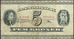 Dänemark - Banknote Von 5 Kroner“ Fem Spir “1955 Unterschriften Hhj , RR Pre A7 - Bild 1 von 2