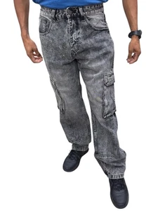 LIME TREE Unisex Baggy Acid Wash Cargo Jeans – Loose Fit Streetwear Pants 34x32 - Picture 1 of 1