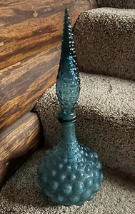 VINTAGE TEAL BLUE OR TURQUOISE EMPOLI HOBNAIL SQUAT GENIE BOTTLE DECANTER ITALY - Picture 1 of 7