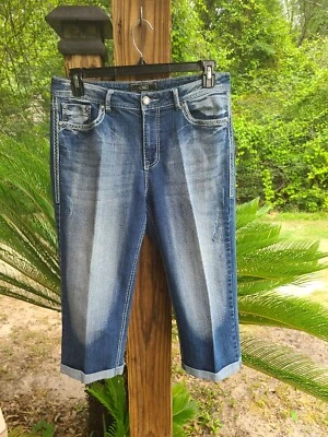 Pantalones de mezclilla para mujer CATO Capris con tachuelas bordadas y bolsillos con estrás talla 12 puño Foto 1 de 4