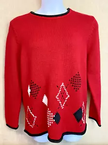 Vtg CRAZY HORSE Women's XL Red Long-Sleeve Abstract Argyle Cable Knit Sweater - Picture 1 of 15