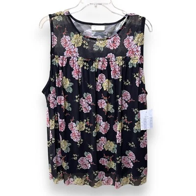 Bobbie Brooks Sheer Yoke Top Floral Black Mesh Overlay Top Sleeveless Size 2X - Image 1 of 4