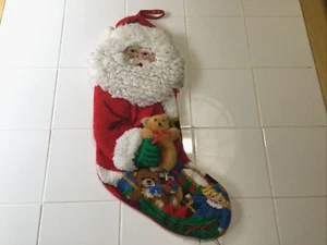 Vtg Needlepoint 3D Christmas Stocking Santa Holding Plush Teddy Bear Free Ship - Picture 1 of 8