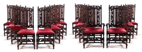 Antique Chairs, Dining, Sixteen,  Carved Oak, In Jacobean, Red, Circa 1900s!! Cover