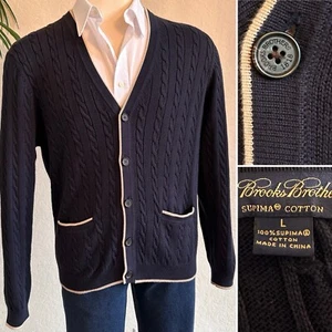 BROOKS BROS MENS CARDIGAN SWEATER SIZE LARGE NAVY BUTTON UP SUPIMA CABLE KNIT - Picture 1 of 9