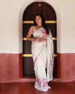 White Color Heavy Faux Georgette Saree With Mono Banglory Silk Blouse For Women - Picture 1 of 11