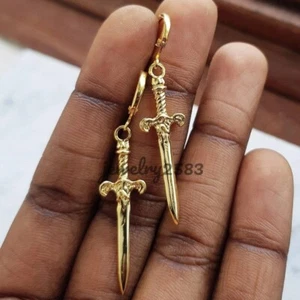BLACK FRIDAY Gift Solid Metal Men's Dagger Earring 14k Yellow Gold Plated Silver - Picture 1 of 7