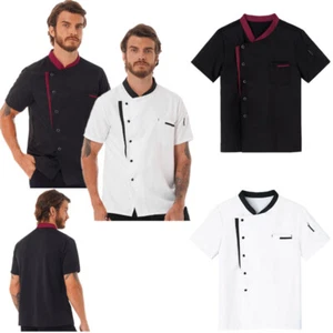 Mens Chef Coat Jacket Short Sleeve Collar Button Restaurant Kitchen Tops Uniform - Picture 1 of 26