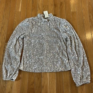New NWT Evereve Sanctuary Champagne Sequin Blouse Sz Small All Nighter Mock Neck - Picture 1 of 8