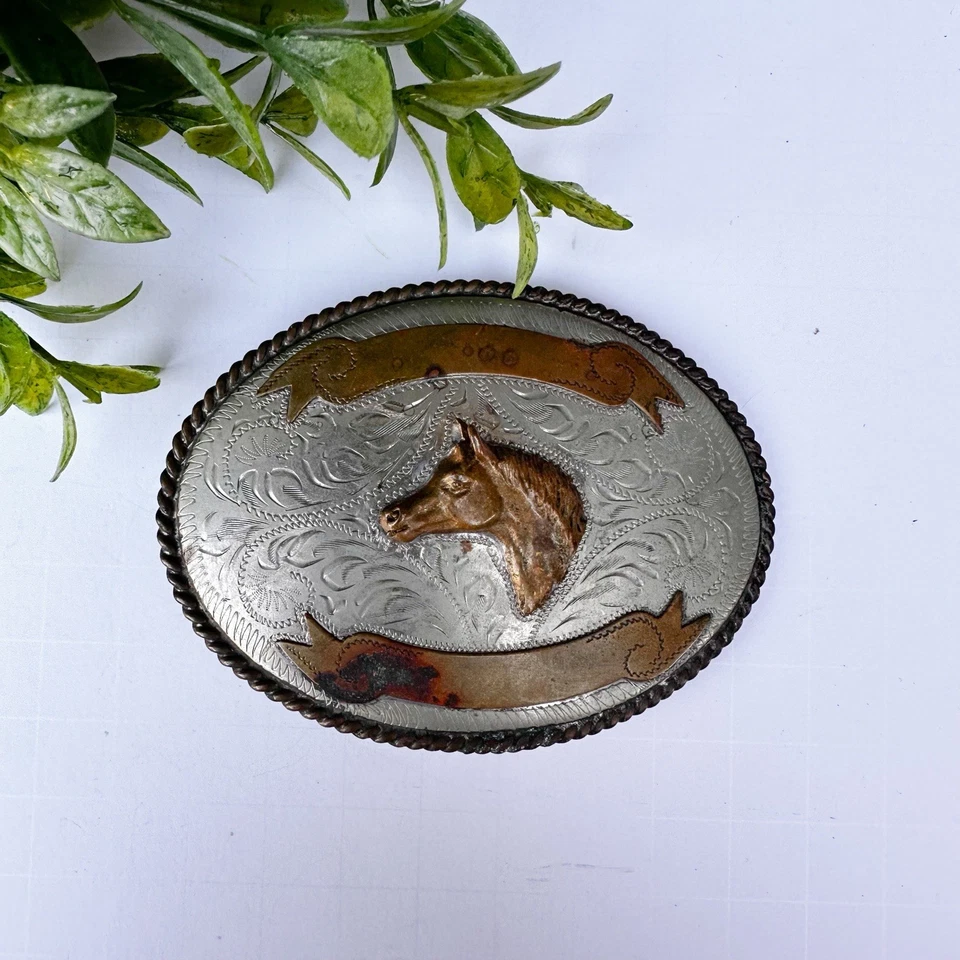 Vintage Alpaca Mexico Sterling Silver Belt Buckle Horse 3D Head Gold Banner Etch - Image 1 of 4