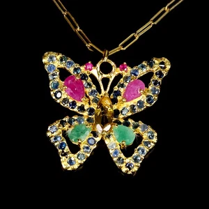 925 Sterling Silver Necklace Marquise Citrine Emerald Ruby Gemstone Jewelry 17in - Picture 1 of 14