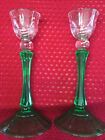2 GREEN DEPRESSION GLASS TOPPED W/CLEAR CRYSTAL CUP W/ SILVER RIM CANDLE HOLDERS