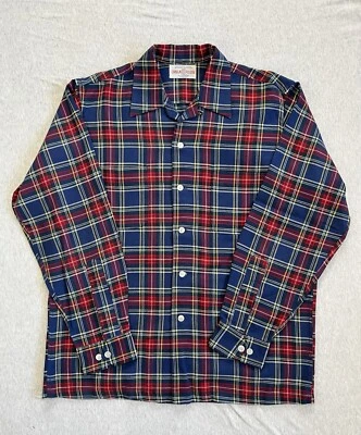 复古 60 年代 Challa 布思科羊毛法兰绒衬衫男式 L 格子瑞士蓝色红色 — 第 1/4 张图片