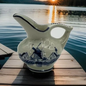 Vintage Regina Holland Delft Blue White Windmill Floral Flower Porcelain Pitcher - Picture 1 of 7