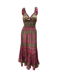 Ladies Recycled Sari V Neck Retro Ruffle Hem Maxi Dress Free Size Up To 18 P107 - Picture 1 of 1