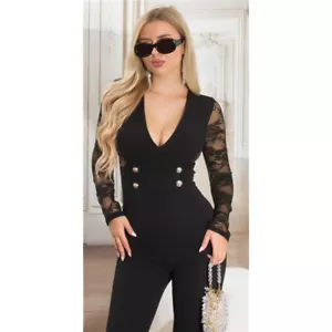 Damen-Overall Jumpsuit mit Spitze und Deko-Knöpfen Schwarz 34/36/38 #OV625 - Bild 1 von 9