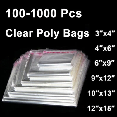 100-1000Pcs Clear Self Adhesive Poly Bags OPP Cellophane Plastic Bags 7 Sizes - Image 1 of 4