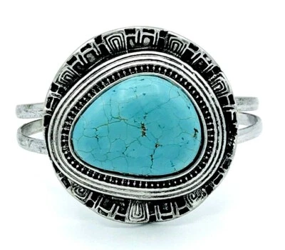 Dyed Turquoise Howlite Antiqued Silver Tone BOHO Cuff Bracelet - Image 1 of 4