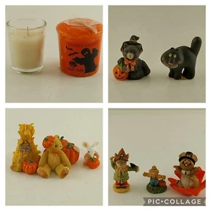 10 Piece Halloween Miniature Figures w 2 Candles Plus Bears Mice Cats Scarecrow - Imagen 1 de 23