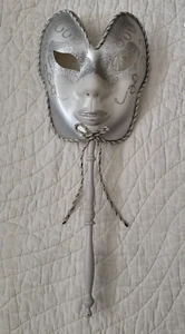 Venetian Masquerade Party Hand Held Mask on Stick Gray - Picture 1 of 8