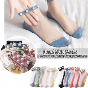 Women Thin Lace Transparent Ankle Socks Mesh Nylon Low Cut Pearl Stockings - Picture 1 of 20
