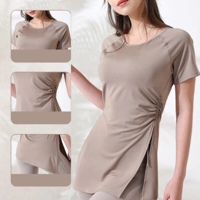 Camisas de Entrenamiento Manga Corta Yoga Fitness Cordón Lateral Dividido Deportes Top Mujeres Foto 1 de 4