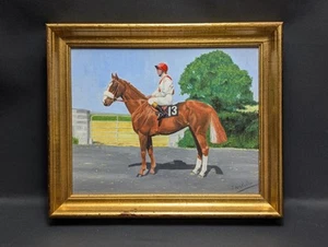 Jockey & Race Horse Original Oil Painting On Canvas in Ornate Gilt Frame Signed - Picture 1 of 12