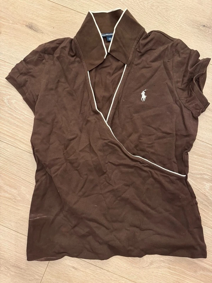 Camisa polo vintage Ralph Lauren de golf marrón envolvente para mujer L elástica ribete en contraste Foto 1 de 3