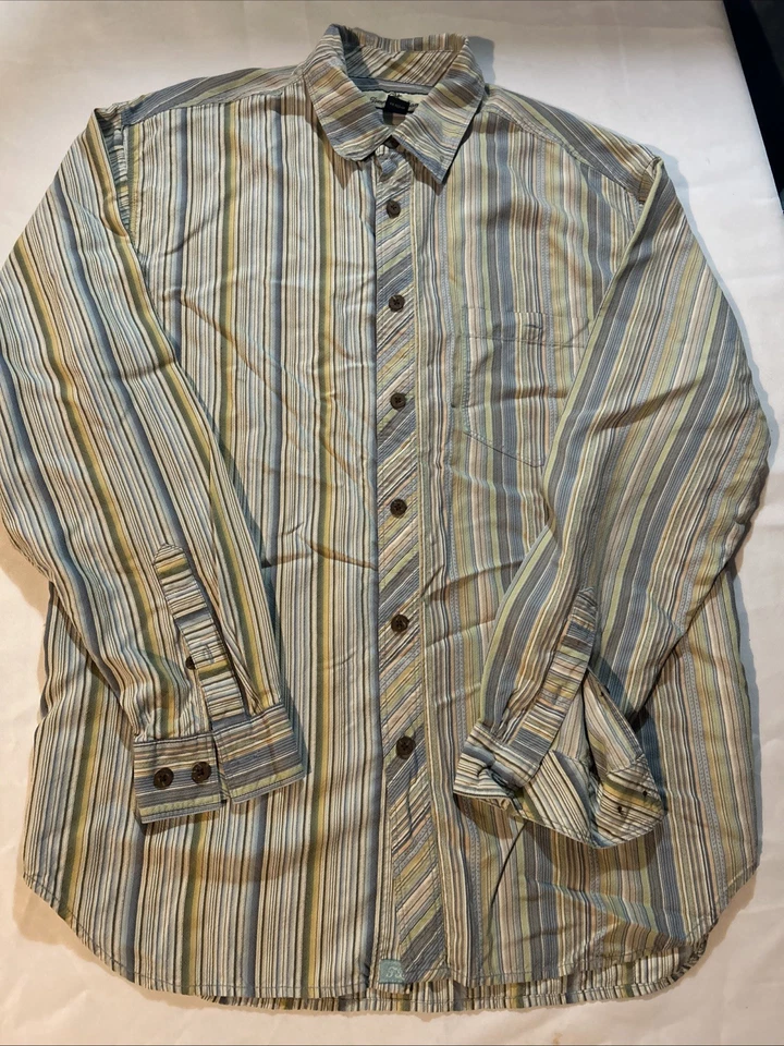 Tommy Bahama 100% Seda Vestido Camisa Abotonada Azul Amarillo Verde Rayas Talla M Foto 1 de 4