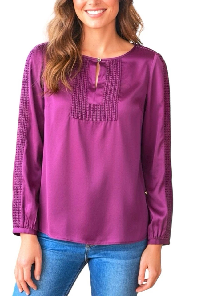 Blusa túnica Tory Burch púrpura roja seda manga larga crochet talla 10 Foto 1 de 4