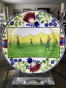 Staffordshire Stick Spatter Rare Rabbitware Rabbits Playing Baseball Plate c1900 - Picture 1 of 10