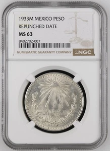 1933 MEXICO Silver 1 PESO NGC MS-63 REPUNCHED DATE - Picture 1 of 2