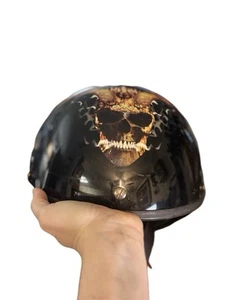 Outlaw Motorcycle Half Helmet With Flaming Skull DOT Adult Large GOOD Condition - Picture 1 of 5