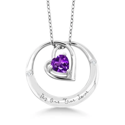 Colgante de plata de ley 925 con acento de diamantes amatista "Mi único amor verdadero" Foto 1 de 2