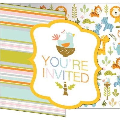 Happi Jungle Baby Shower 8 Ct Invitations Bird Nest in Tree Stripes 1st Birthday - Image 1 of 2
