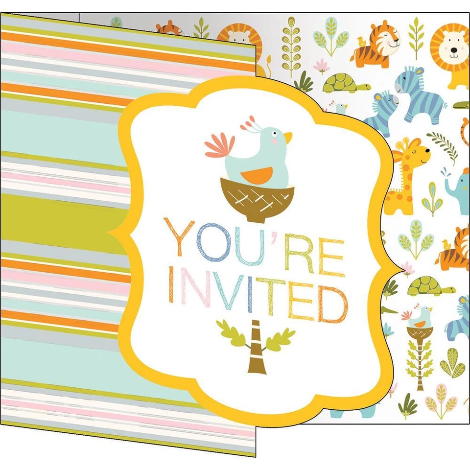 Happi Jungle Baby Shower 8 Ct Invitations Bird Nest in Tree Stripes 1st Birthday - Image 1 of 2