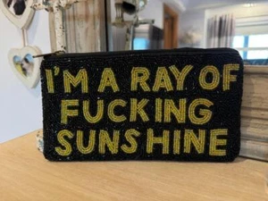 I'M A RAY OF F***ING SUNSHINE - Black Beaded Purse / Clutch / Make up Bag 23cm - Picture 1 of 8